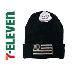 24/7 Life by 7-Eleven Black Beanie Hat USA Flag Embroidery One Size NWT Winter